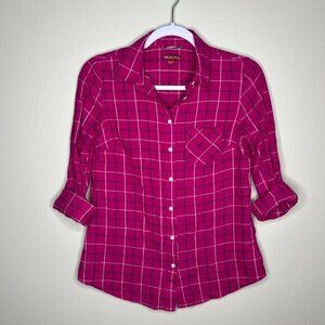 Merona Women's Plaid‎ Button-Up Shirt XS Cotton Pink & White